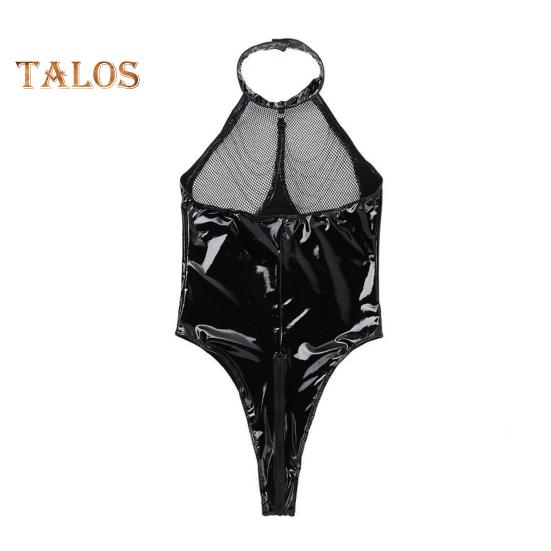 Women Honeymoon Bodysuit Fishnet Faux Leather Patchwork Off Shoulder Bodycon Chain Decor Open Crotch Playsuit Nightclub Hotel Wedding Night Sex