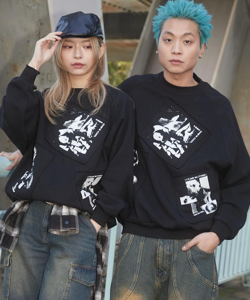 WEGO Photo Paste Graphic Pullover Size Big Gift Men's Sweatshirt, M, Black, Streetwear, Casual, Silhouette, Spring, Autumn, Winter,