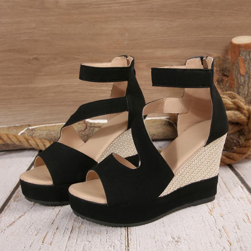 New large size women's shoes, fish mouth women's sandals, wedge heel sandals, zipper high heel sandals after outer wear