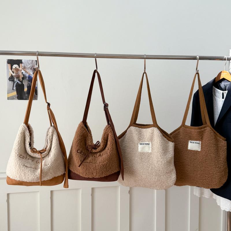 Fashion Faux Suede Women's Plush Shoulder Bags Winter Letter Female Large Crossbody Bag Double Sided Casual Tote Travel Handbags