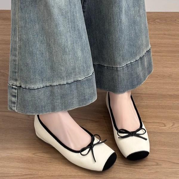 Schafslederversion~ Leder Französische kleine Innenhöhenerhöhung Ballett Einzelschuhe Damen Retro Schleife Ein Pedal Einzelschuhe