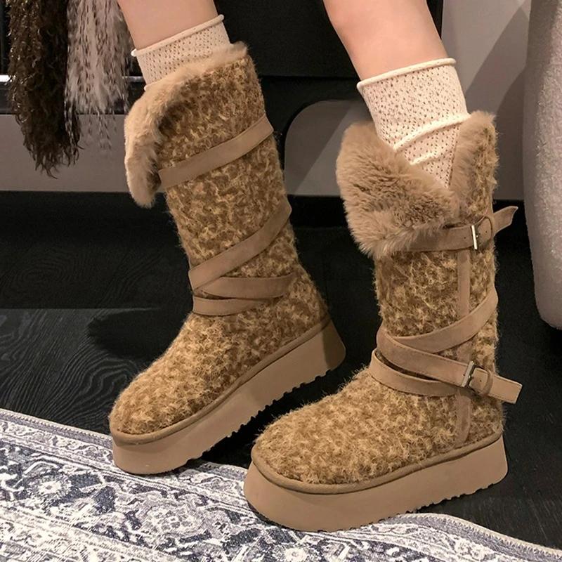 Designer Women's High Boots Flats Platform Warm Cotton Shoes Fashion Snow Botas  Short Plush Sport Winter Mujer Ladies Boots