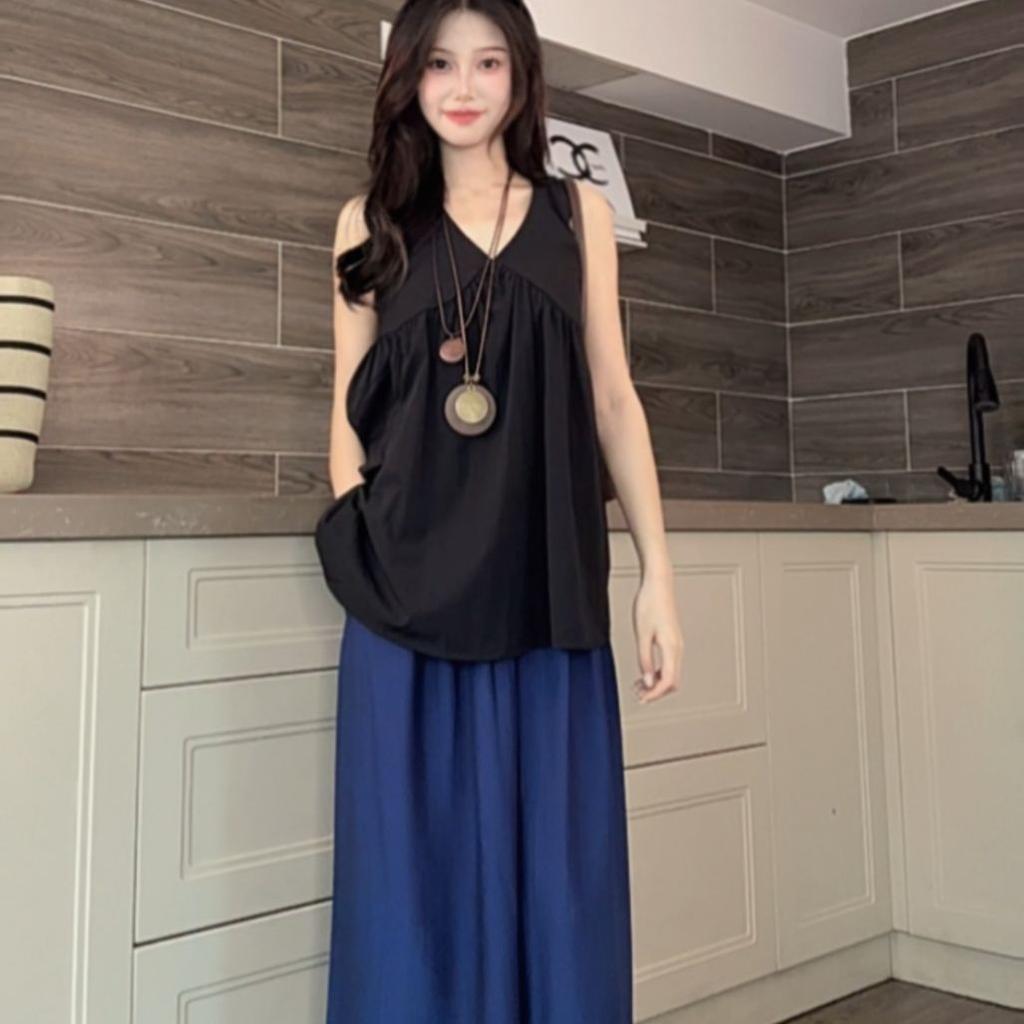 Korean Style Blue High-Waist Wide-Leg Lazy Pants Plus Size Long 9/10 Length Casual Loose Fit Fashion for Women