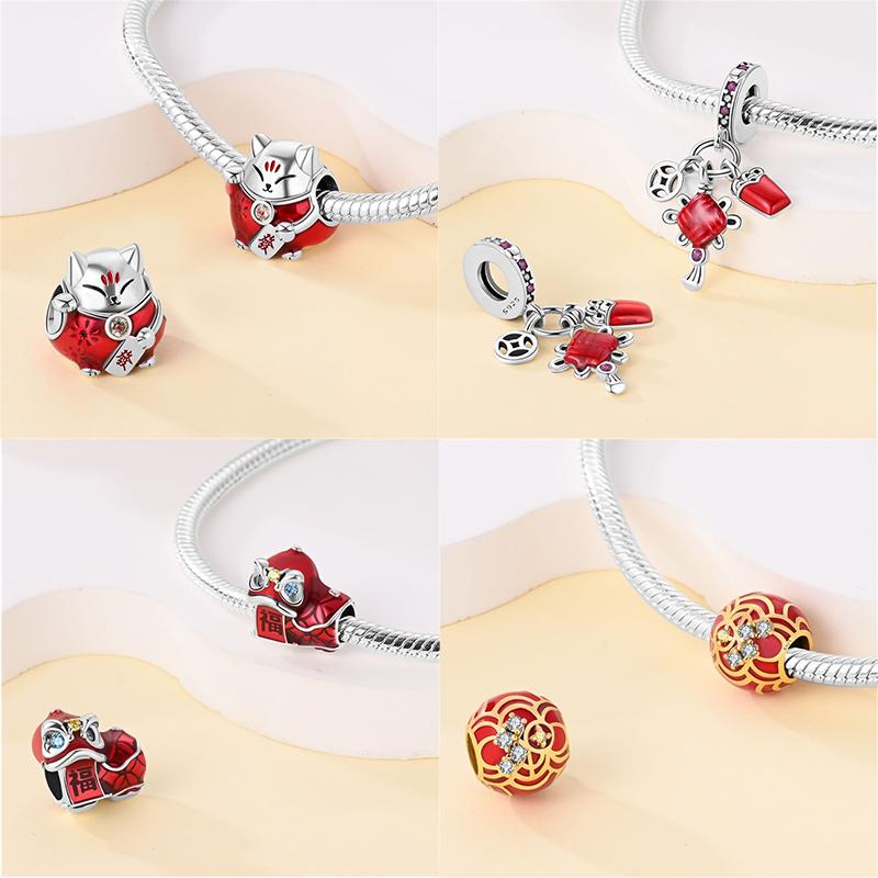 925 Silver Lantern Chinese Knot Charms New Year's Traditional Beads Fit 3mm 925 Exquisite Bracelets Fashion DIY Jewelry Gifts