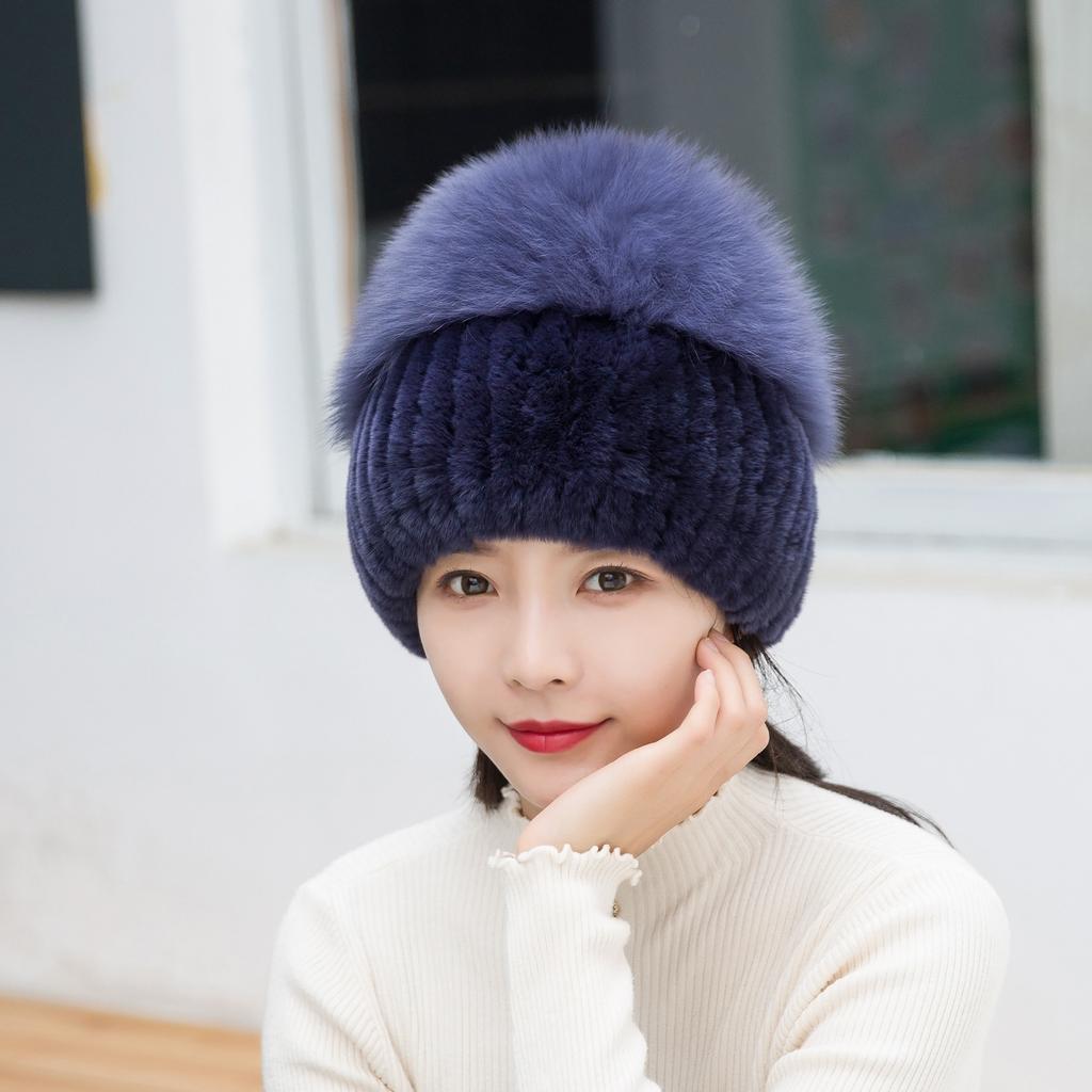 Women Winter Luxury Rabbit Fur Hat Knitted Rex Rabbit Fur Hat Top  Fox Fur Cap Genuine Fox Fur Beanies Hat