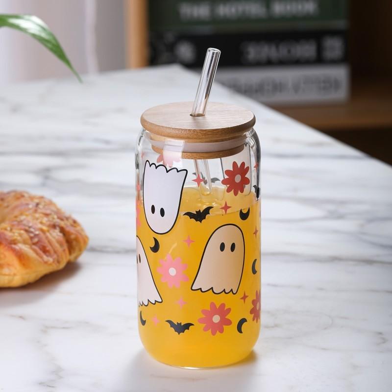 Halloween Drinking Cup with Lid and Straw 18.7oz/550ml Canned Glass Cup Cute Kawaii Coffee Cup Juice Water Cup Milk