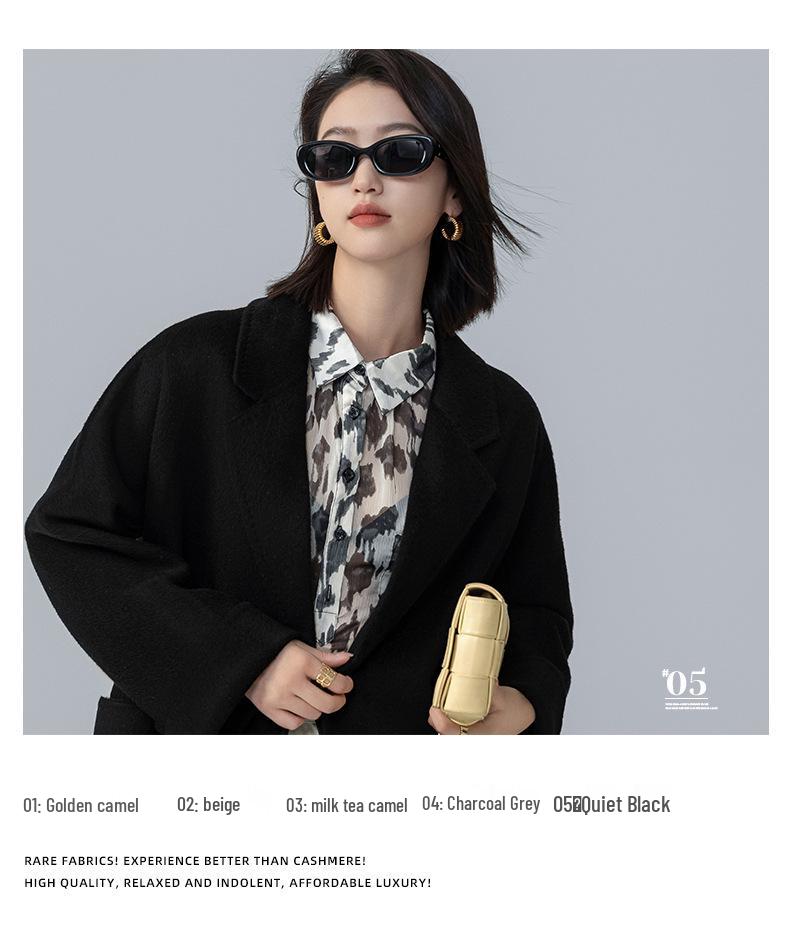 Petite Women's Mid-Length Camel Wool Coat - Loose Double-Faced Cashmere with Tie-Waist for Autumn and Winter.