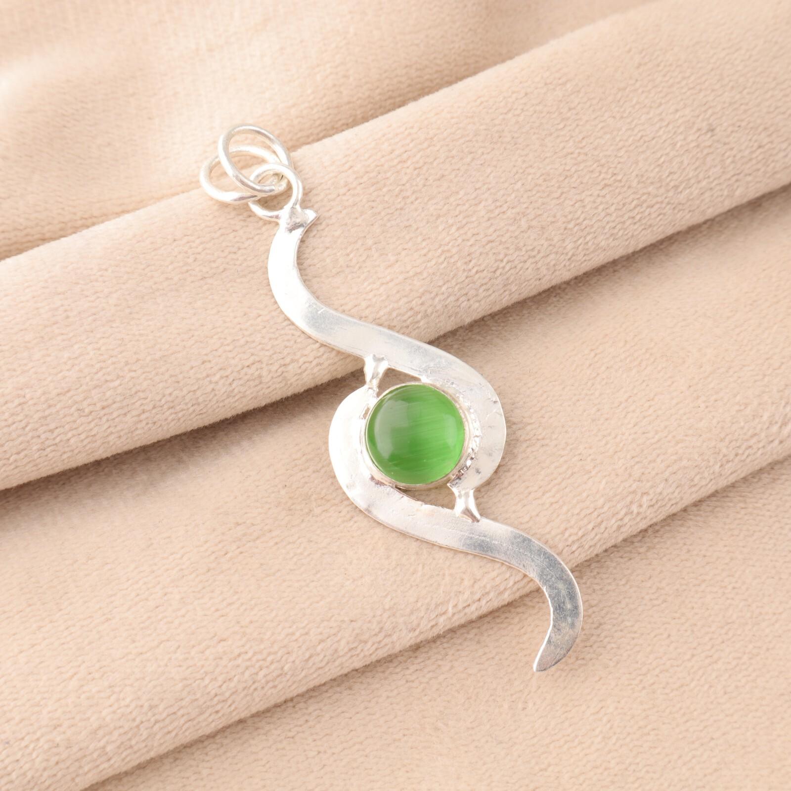 

Green cat s Eye Gemstone 925 Stamped Silver Jewelry Handmade Green Stone Pendant PP-44-39