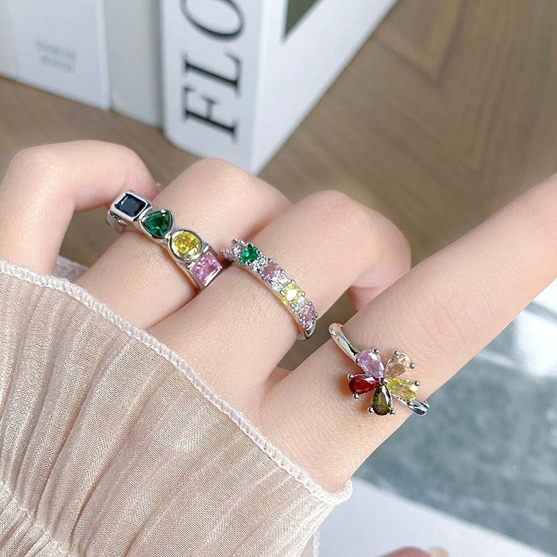[Rainbow Ring] Colored Zircon Personalized Flower Row Diamond Ring Exquisite High-End Sense Stacking Wearing Colored Treasure Ring Woman