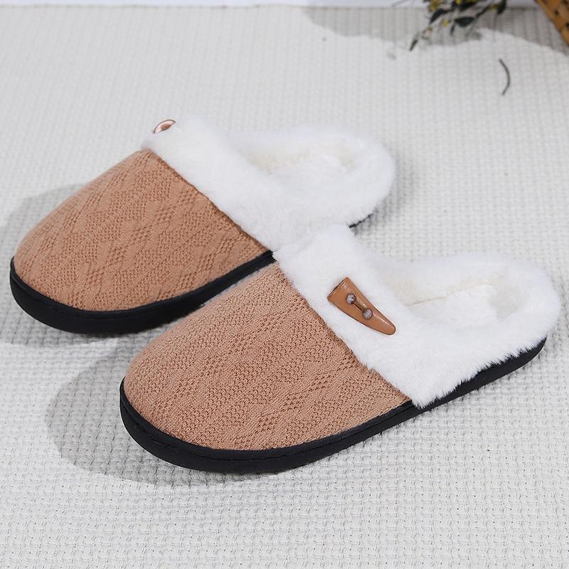 Fashion Knitted Mesh Cotton Slippers for Women Winter Round Toe Flat Heel Fur Slides Woman Faux Fur Warm House Cotton Slippers Mujer