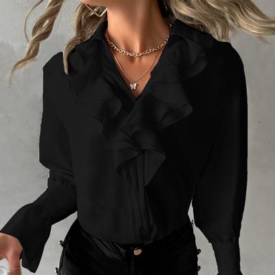 Damenmode, lässig, Frühling und Herbst, einfarbig, langärmelig, V-Ausschnitt, Blusen und Hemden