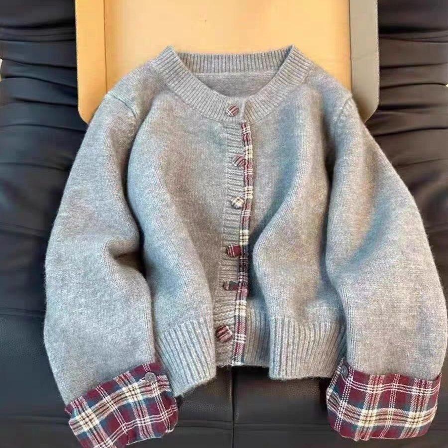 

Свитер в корейском стиле, пэчворк в клетку, двухкомпонентный вид - женский осенне-зимний вязаный кардиган свободного кроя. S (70-80 jin) красный