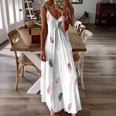 Sleeveless Slim-fit Feather Print Low-cut V-neck Suspender Long Skirt