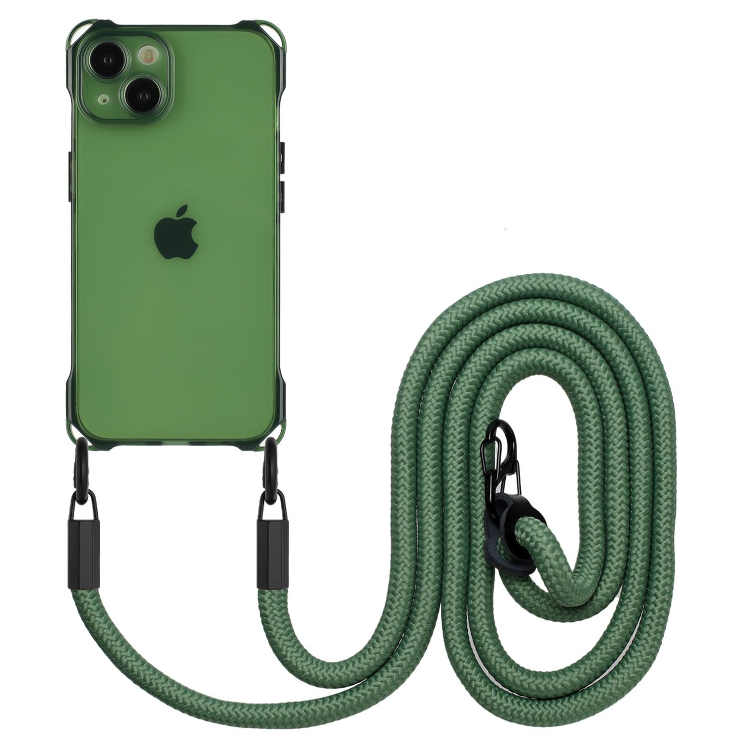 

For iPhone 14 Plus Case Shockproof TPU Cell Phone Cover Shell with Hanging Rope Army Green