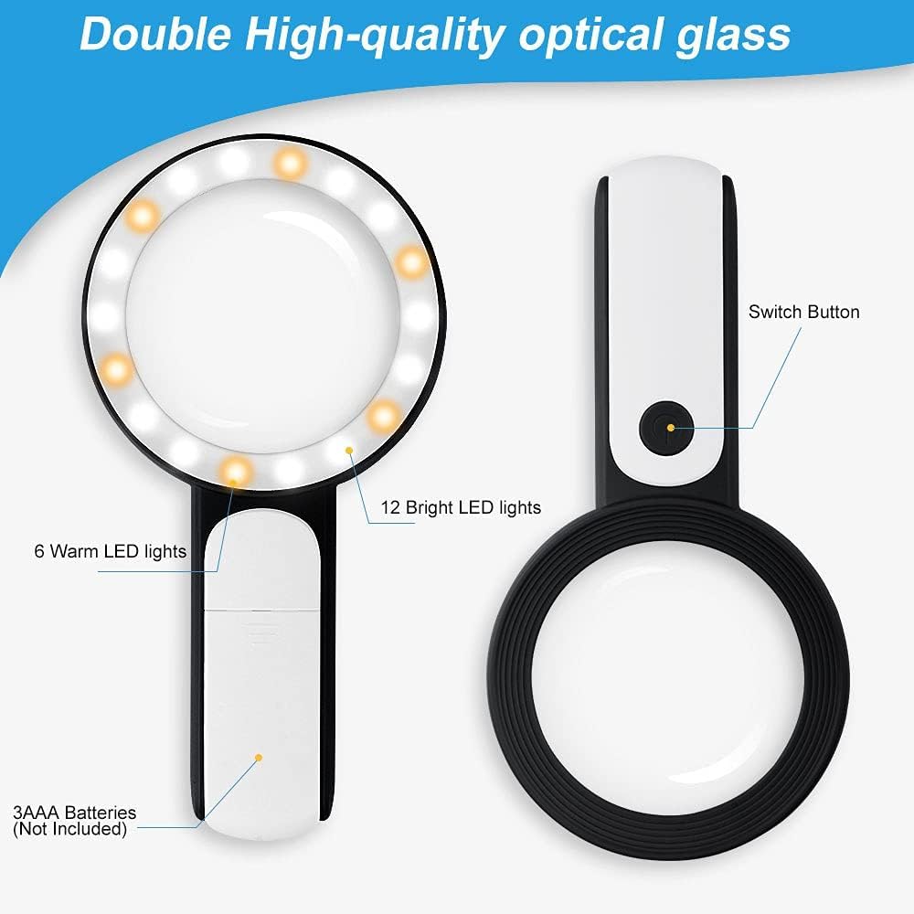 AMIUKON Handheld Magnifying Glass with 30x 18 3 for Children and Jewelry Exploration Light, Magnification, Large, LEDs, Modes, Portable, Seniors,