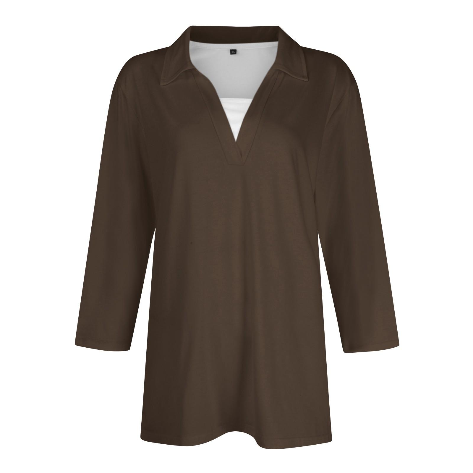 

Женская модная повседневная свободная однотонная футболка с рукавом 3/4 с лацканами, женский топ XL коричневый