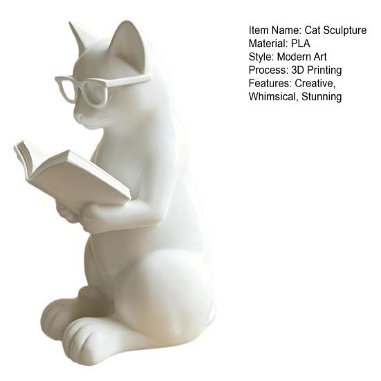 3D Printed Reading Cat Figurine Cute Reading Book Cat Statue with Glasses Collectible Animal
