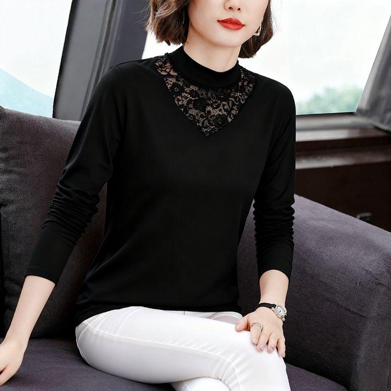 Pure Cotton Half-Turtleneck Lace Base Shirt for Women, New Spring, Autumn, and Winter Style, Fleece-Lined Long-Sleeve Slim-Fit Inner Top, Trendy