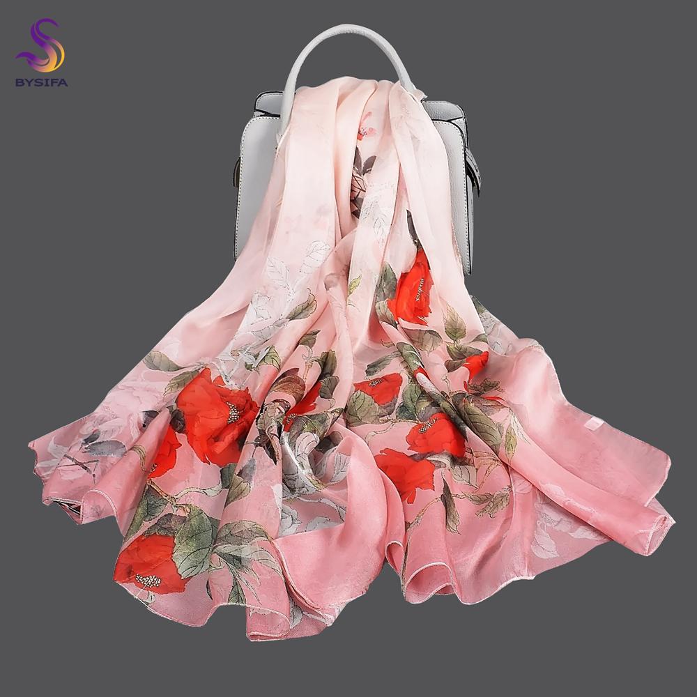 BYSIFA| Pink 100% Natural Silk Scarf Bufanda Women Elegant Chinese Style Peony Design Summer Long Scarves Beach Shawl Accessory