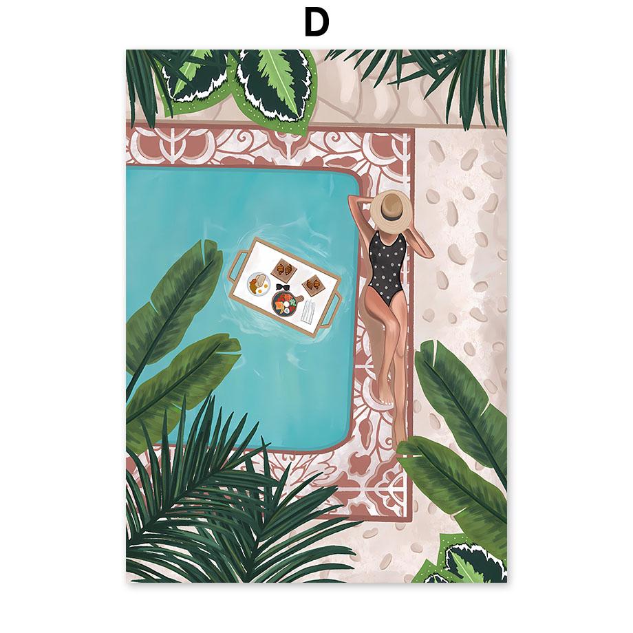 Boho Abstract Girl Lake Birds Leaf Illustration Wall Art Canvas Painting Nordic Poster And Prints Pictures For Living Room Decor