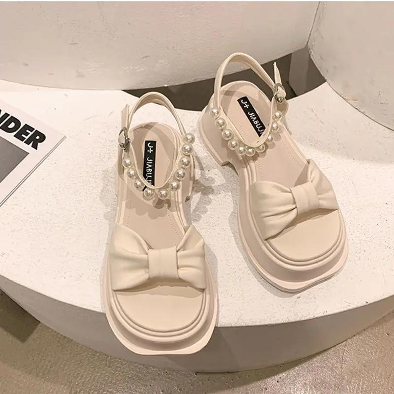 Summer 2025 Women's Shoes Black Block Heel Pearl One Word Footwear Beach Sandals for Woman Bow Korea F Luxury Designer On Offer