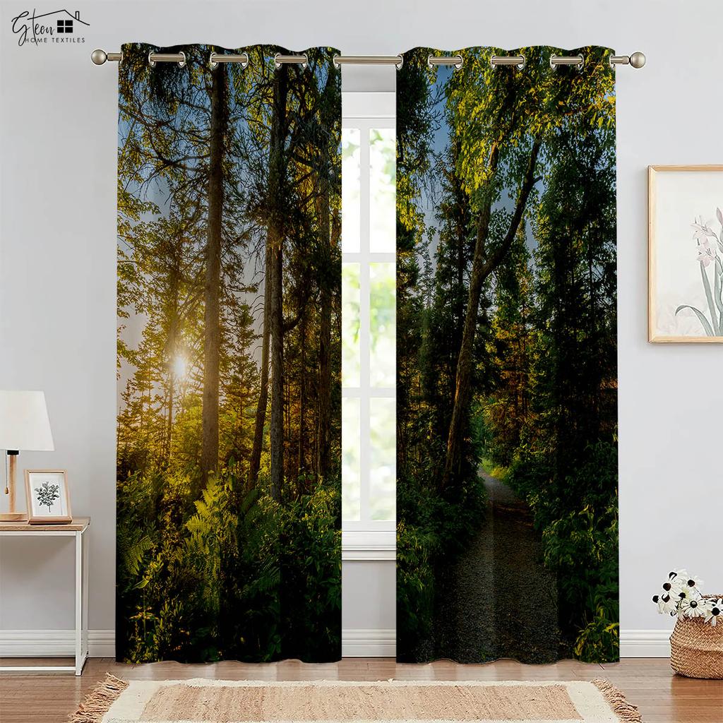 Κουρτίνες δάσους 3D εκτυπωμένες τοπίο πράσινο ηλιοφάνεια φύλλο σφενδάμου φύση ζωτικότητα B&B ξενοδοχείο υπνοδωμάτιο σαλόνι κουρτίνες 2 ΤΕΜ