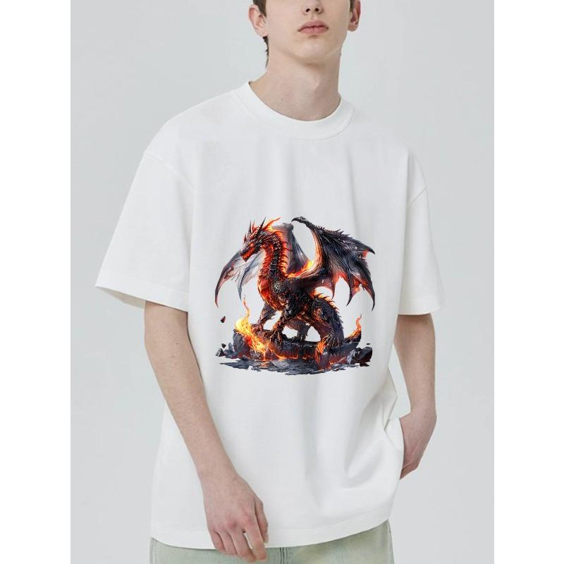 Black T Shirt with Fire Dragon Print for Casual Wear