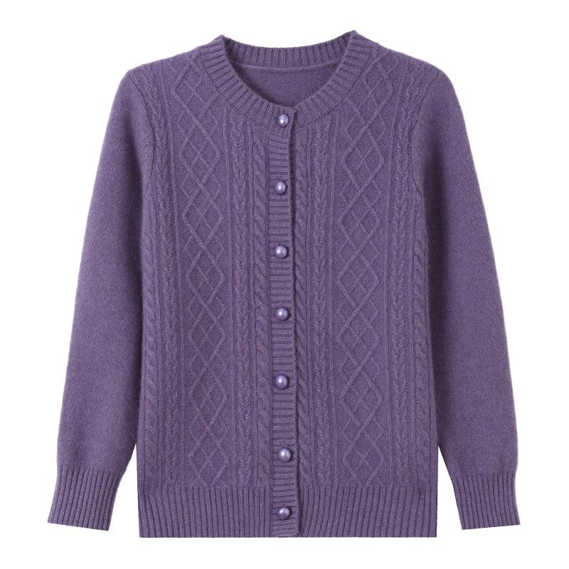 Women's Warm 100% Pure Wool Cardigan: Autumn/Winter Thick Knit Round Neck Sweater for Middle-aged & Elderly Moms