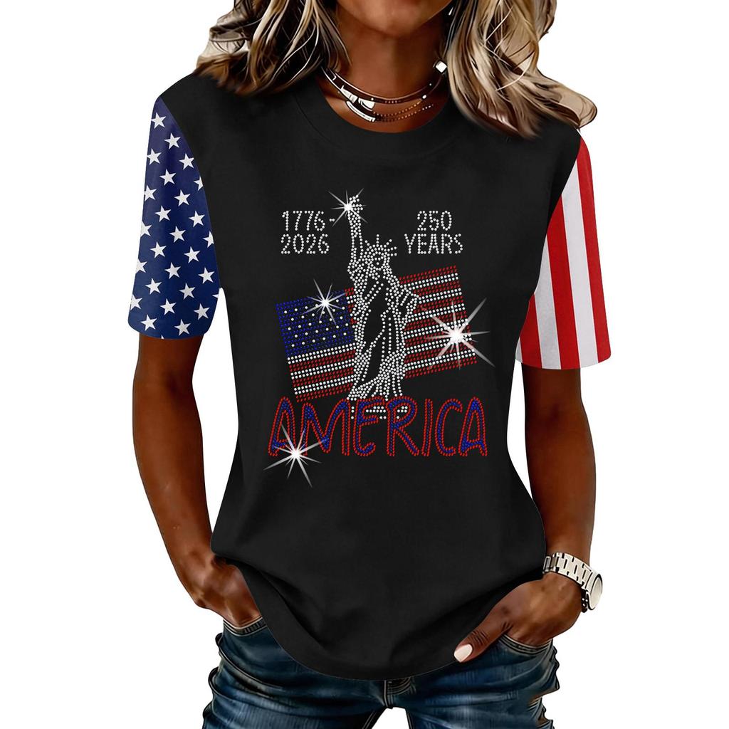 Blusa Feminina da Moda Casual de Manga Curta com Estampa e Gola Redonda