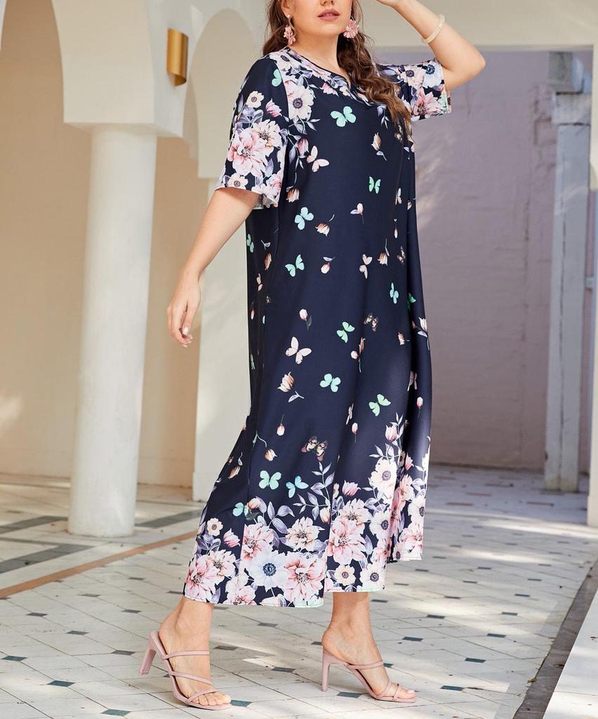 Plus Size V-Neck Short Sleeve Printed Pullover Dress - Spring/Summer Style