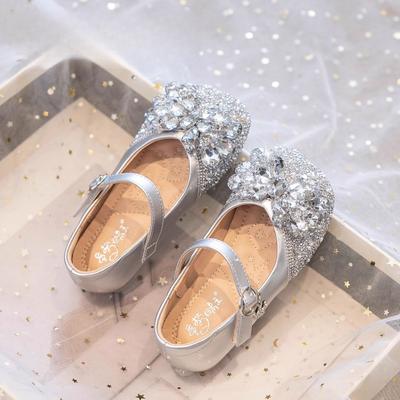 Girls Shoes Princess Shoes Spring and Autumn Children's Crystal Shoes 2025 New Leather Shoes Autumn Soft-soled Little Girl Silver Single Shoes