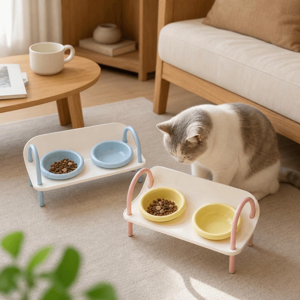Non-Slip Cat Food Water Bowl Double Bowls Pet Food Dispenser Pet High Footed Bowl  Pet Supplies