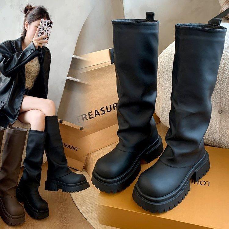 New Long Boots Women's Thick-soled High Tube Thin Summer Medium Tube Boots Stacking Boots Small Thin Boots Black