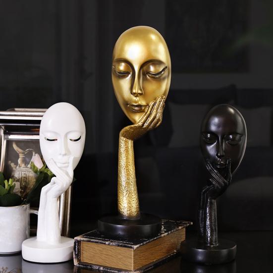 jijijing Abstract Contemplative Face Resin Sculpture, Minimalist Hand-on-Chin Bust Statue for Desk Living Room Office, Creative Art Decor Entryway
