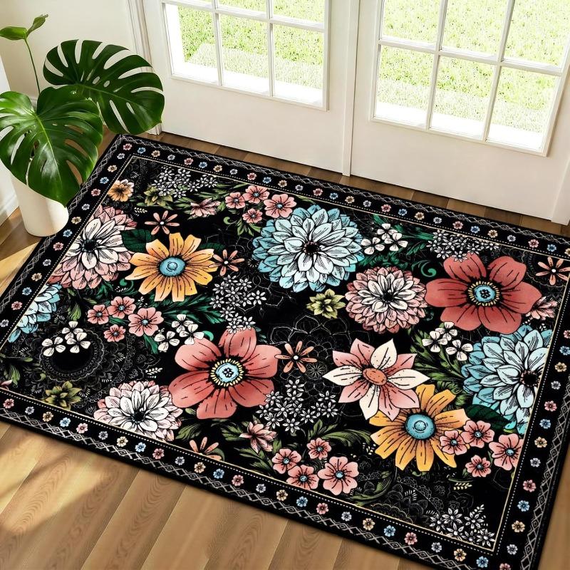 Retro Floral Door Mat Black Vintage Flower Pattern Entrance Floor Rug Luxury Boho Home Decor Carpet Soft Non-Slip Welcome Mat