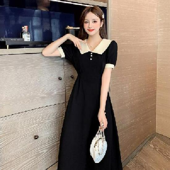 

French Retro Slimming Long Dress with Doll Collar and Belt - Goddess Style, Hepburn Inspired S чёрный