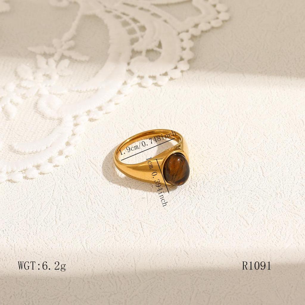 Women's Retro European & American Colorfast Titanium Steel Wide Band Ring with Inlaid Tiger Eye