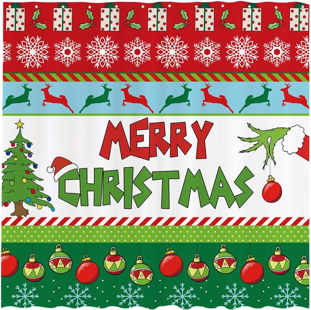 Christmas Shower Curtain Set - Holiday Bell/Christmas Tree/Snowflake Design, Waterproof Fabric, Winter Bathroom Decoration