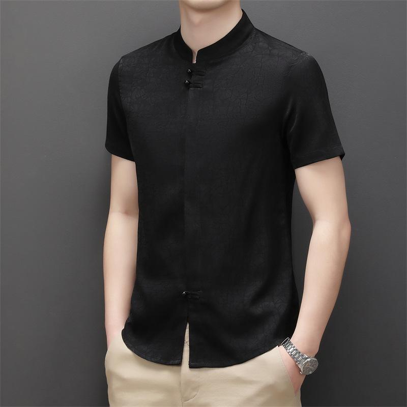 Letní košile s krátkým rukávem v čínském stylu, pánská, skryté zapínání na knoflíky, stojáček, ležérní pánská podšívka