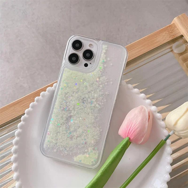 

Luminous Quicksand Transparent 15 Case for iPhone 14 15 Pro Max 16 Light Up in Dark Shell Sequins Phone Cover Clear Soft Coques For iPhone 16