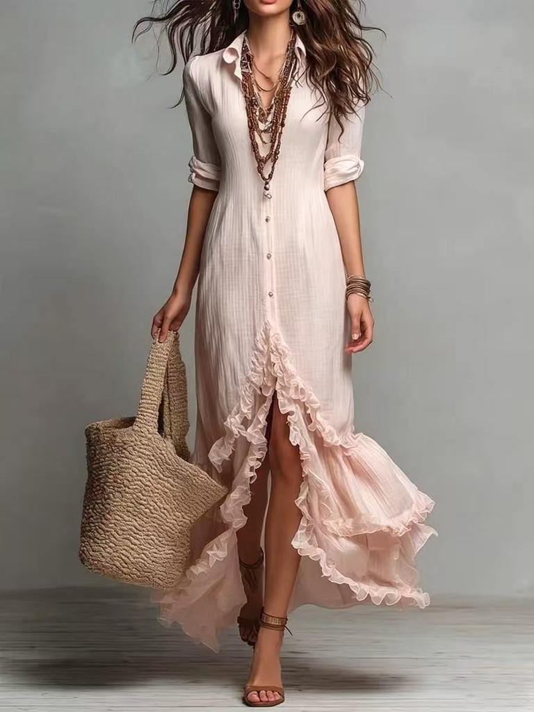 Cross-border new French lazy cotton and linen shirt ruffle edge commuting temperament loose large size split dress