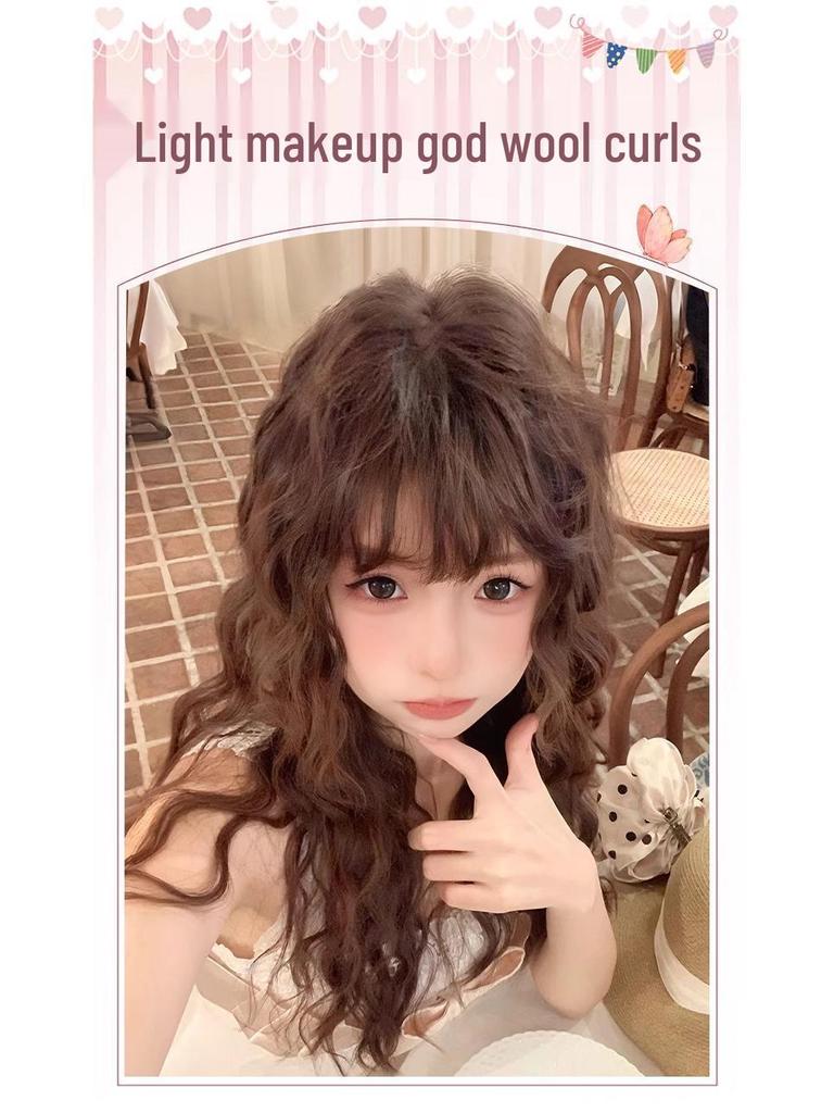 Age-Reducing Woolly Curl Wig for Women - Long Lolita Water Wave Hair with Lazy Bangs