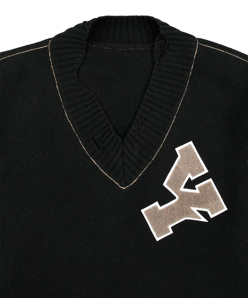 OHY Oversized Distressed Logo V-Neck Knit - Black