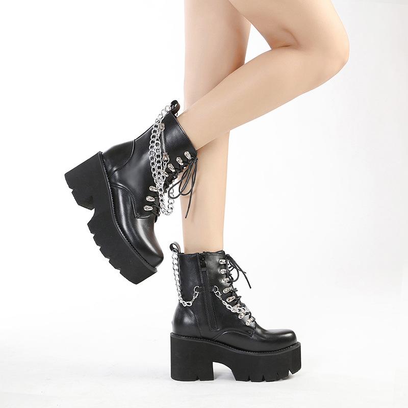 Fashion Gothic Black Boots for Women Sexy Chain Chunky Heel Platform Boots Female Punk Style Ankle Boots Zipper