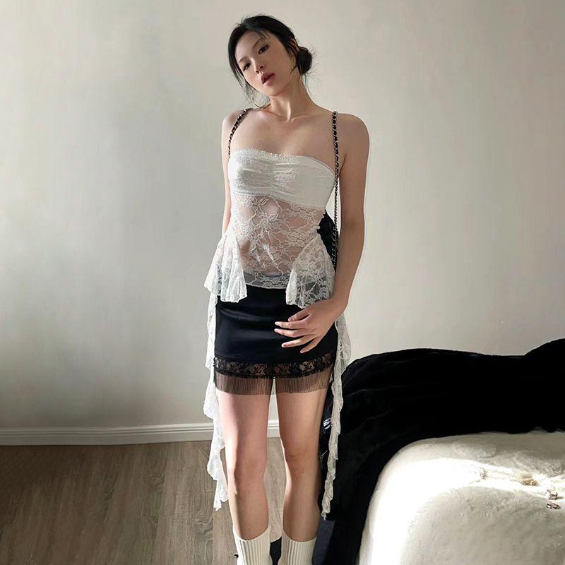 

# Sisjuly# French Girl Cute Lace Mesh Slim Fit Tube Top Female Asymmetrical Wild Vest Fashion White S