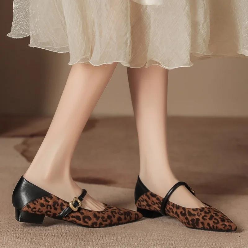 Fashion Pointed Toe Leopard Print Shallow Mouth Pumps 2025 New Hot Sale Light Retro Mid Heel Buckle Strap Women's High Heels