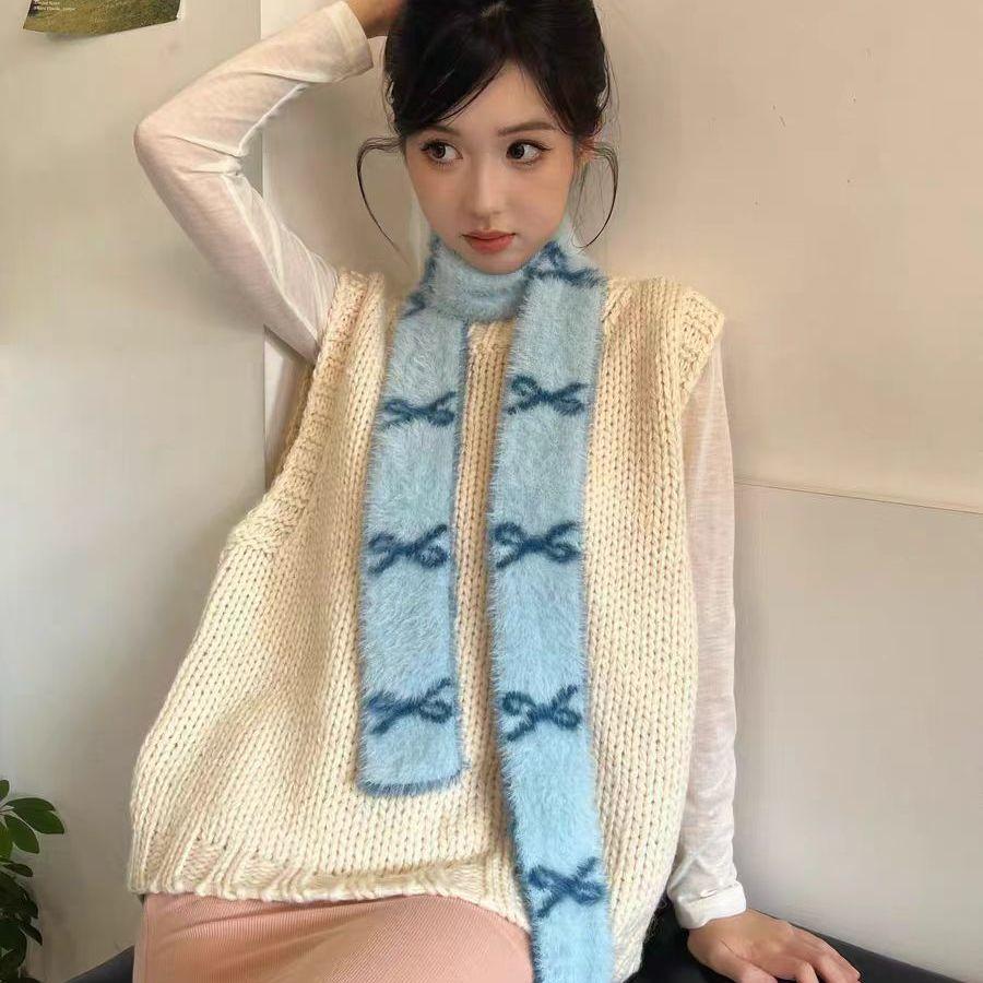 Bow Pattern Girl Scarf Plush Soft Slim Cute Scarves Korean Style Women's Fashionable Casual Ornament
