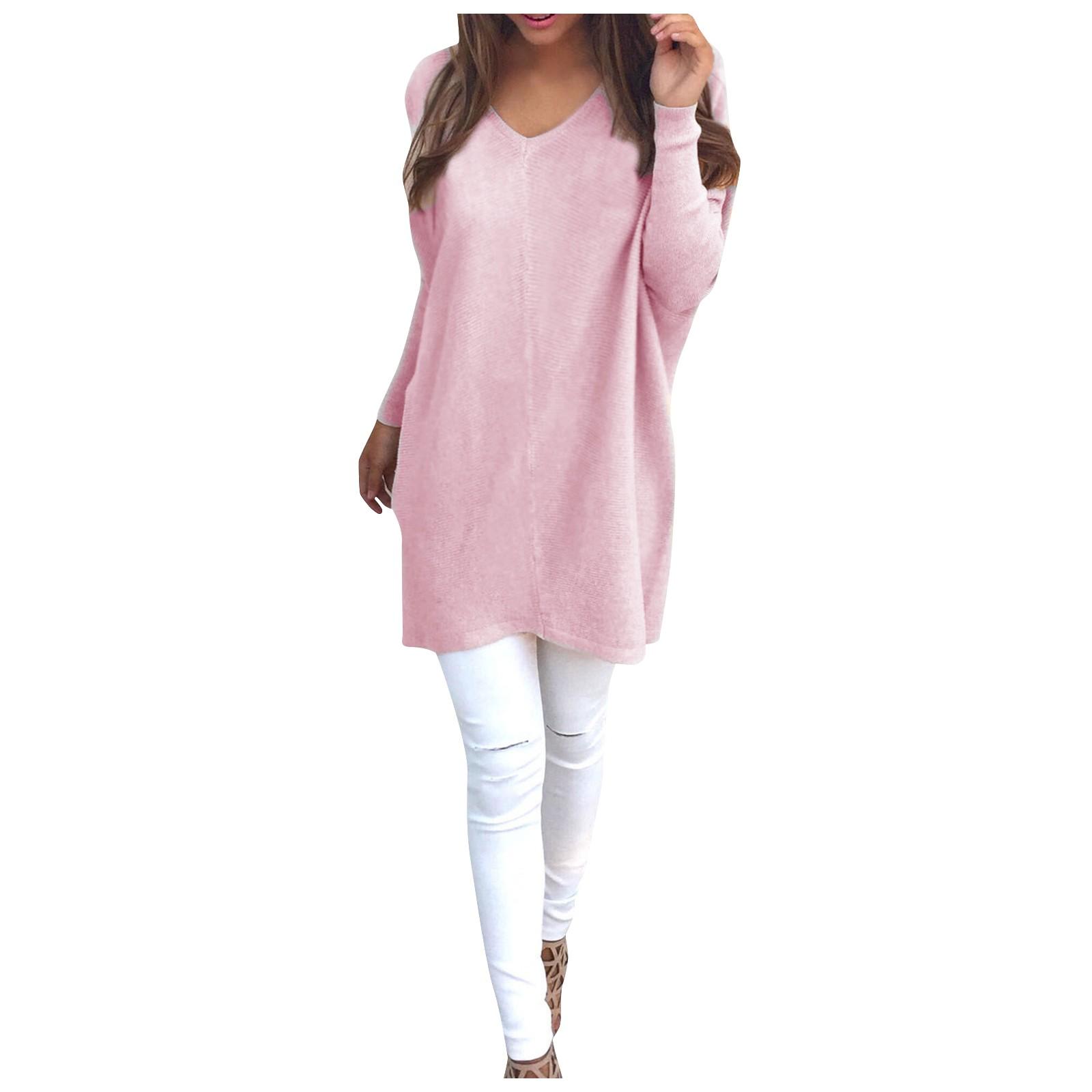 

Женский модный однотонный свитер с v-образным вырезом и длинными рукавами, пуловер, свитер XXL розовый