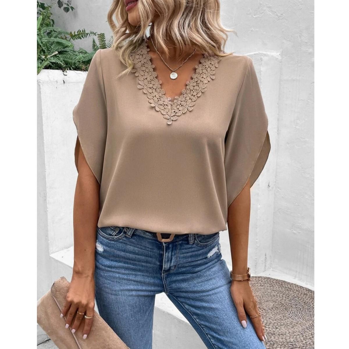 

Женская шифоновая блузка, повседневные свободные топы, женская блузка с кружевными рукавами XXL коричневый