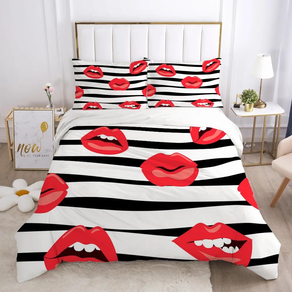 Sexy Lips Kiss Me Duvet Cover Sets 100% Hot Home Hotel Wendding Bedding Set Couples Lovers Art Kiss Pattern Bedclothes Cover